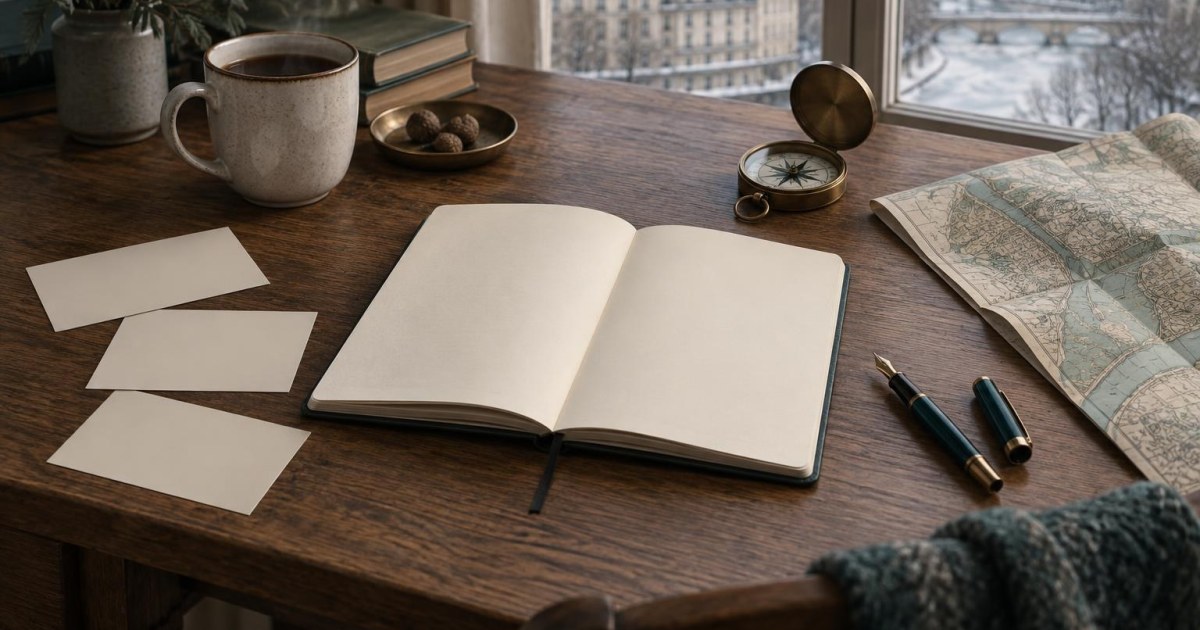 Carnet vierge entouré de fiches de préparation pour un projet de roman
