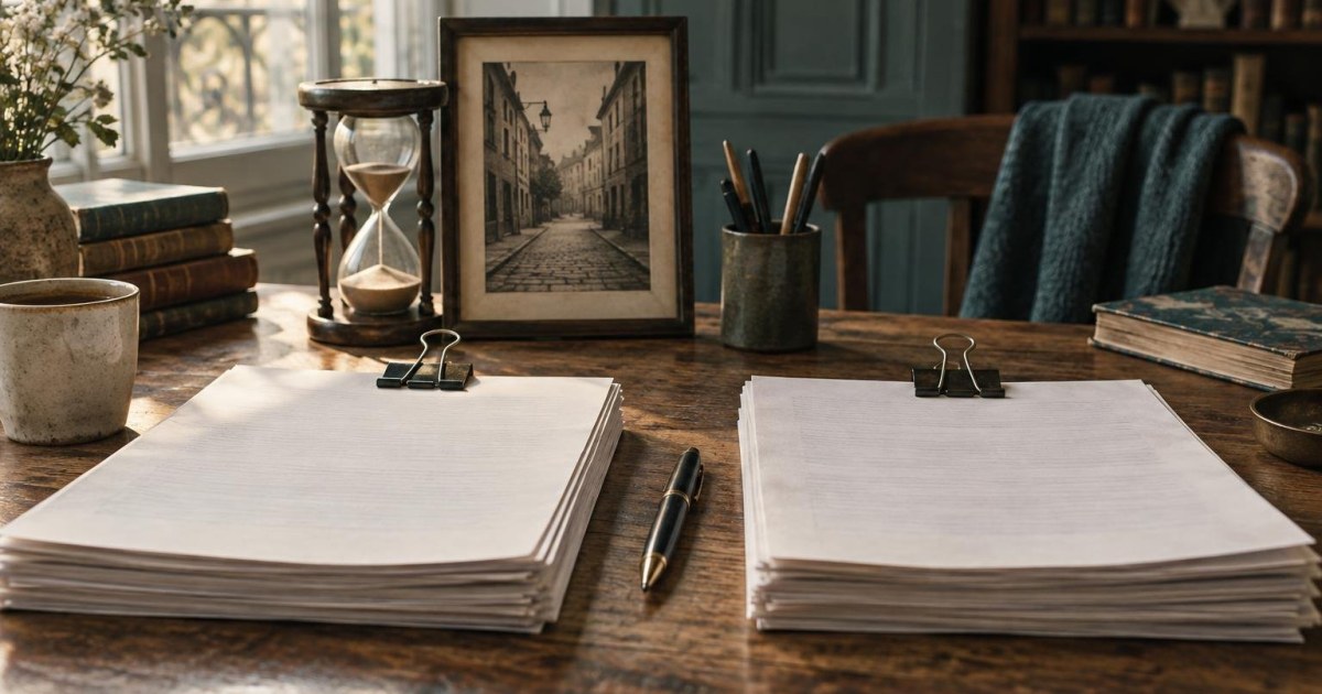 Deux versions parallèles d’une scène manuscrite symbolisant le présent et le passé