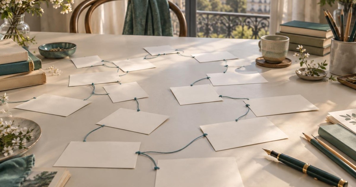 Fiches mobiles et fil turquoise formant le plan souple d’un roman