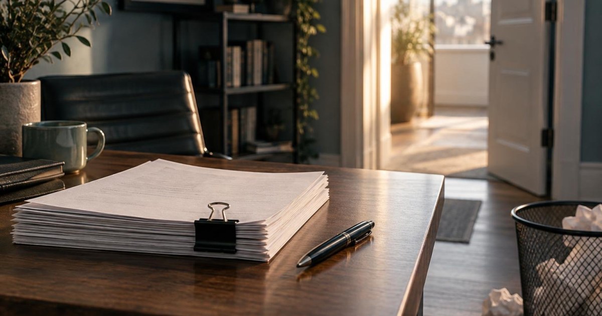 Dernières pages d’un manuscrit près d’une porte ouverte sur un horizon lumineux