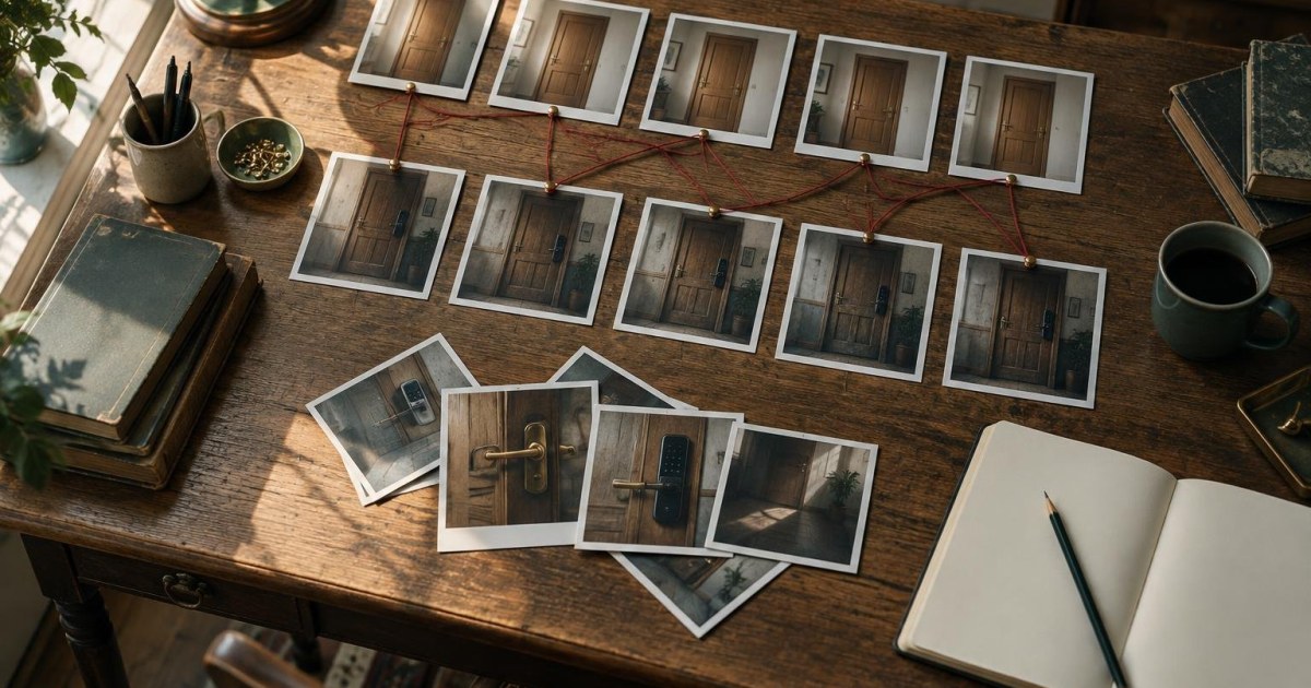 Deux lignes temporelles de fiches reliées par des objets et des photographies anonymes